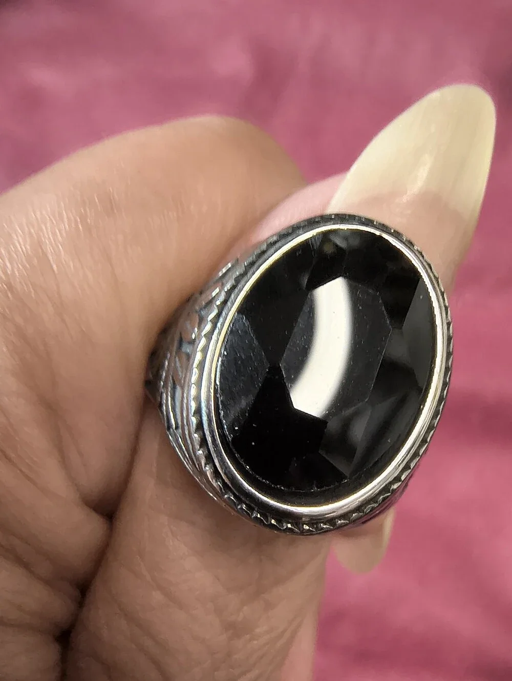 Men's Black Stone Stainless Steel Ring Rhodium Plated Gothic Statement Ring - Picture 9 of 11